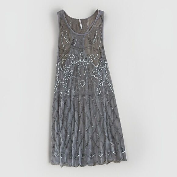 Free People Dress Womens Size XS Verona Mini Dress Sheer Beaded Gray Slip - Picture 1 of 6